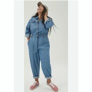 Anthropologie Pilcro Women’s 1X Chambray Jumpsuit Denim Blue Roll Tab Boho